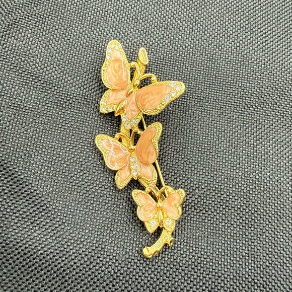 Vintage 90s Avon Butterflies Trio Enamel Swirls Rhinestones Gold Tone Brooch - Picture 5 of 7